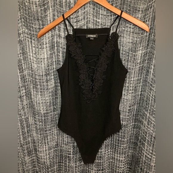 Express Tops - Express Black Stretch Knit Bodysuit with Logo Tag